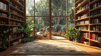 bookshelf background of interior home office library study window views of trees and garden scenery. Bookshelves in contemporary decorated room. Online virtual presentation meeting room background