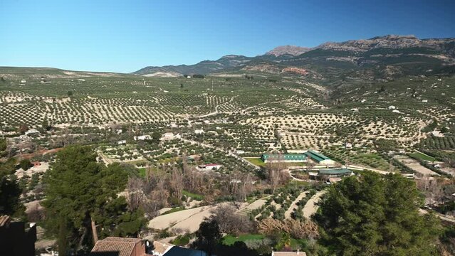 Olive tree fields. Panoramic view of Quesada - a touristic city in the Sierra de Cazorla, Jaen, Andalusia, Spain