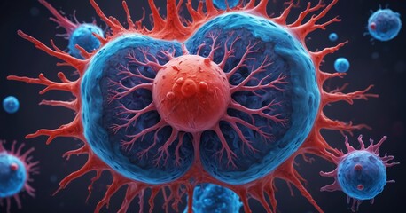 Obraz premium Cancer cells vis - illustration enhanced scanning electron micrograph (SEM) of cancer cell. Visual of overall shape of the cell's surface at a very high magnification. Medical research concept.