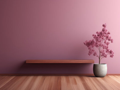 A mock up of a mulberry wall background. Room with floating becnh on wall, plant and wood flooring