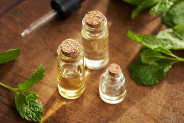 Obraz na płótnie Canvas Three bottles of aromatherapy essential oil with fresh peppermint leaves