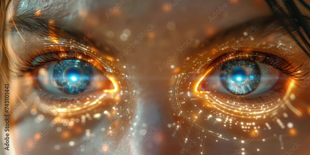 Poster a close-up of cybernetic eyes imbued with intricate digital circuitry, reflecting a future of enhanc
