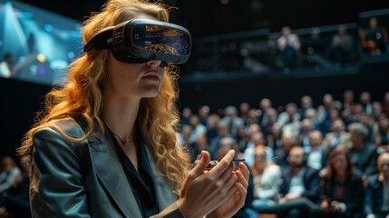 woman with virtual reality glasses at a conference