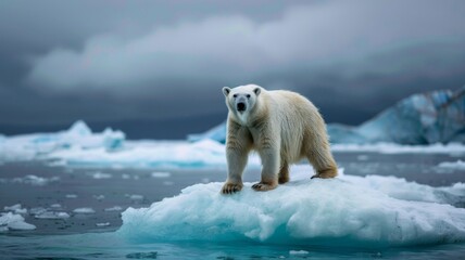 Polar Bear on Melting Ice Floe - A solitary polar bear standing on a diminishing ice floe, highlighting the urgent issue of climate change and its impact on wildlife