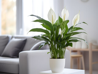 Peace lily plant in a pot on table in living room, blurry home modern  interior 
