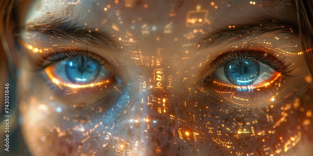 Poster a close-up of cybernetic eyes imbued with intricate digital circuitry, reflecting a future of enhanc