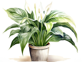 Illustration of a peace lily plant in a pot on white background 