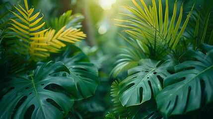 tropical fern leaf,
here are many green leaves that are growing in the grass