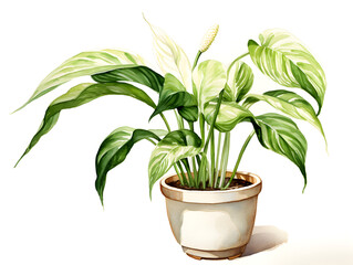 Watercolor illustration of a peace lily plant in a pot 