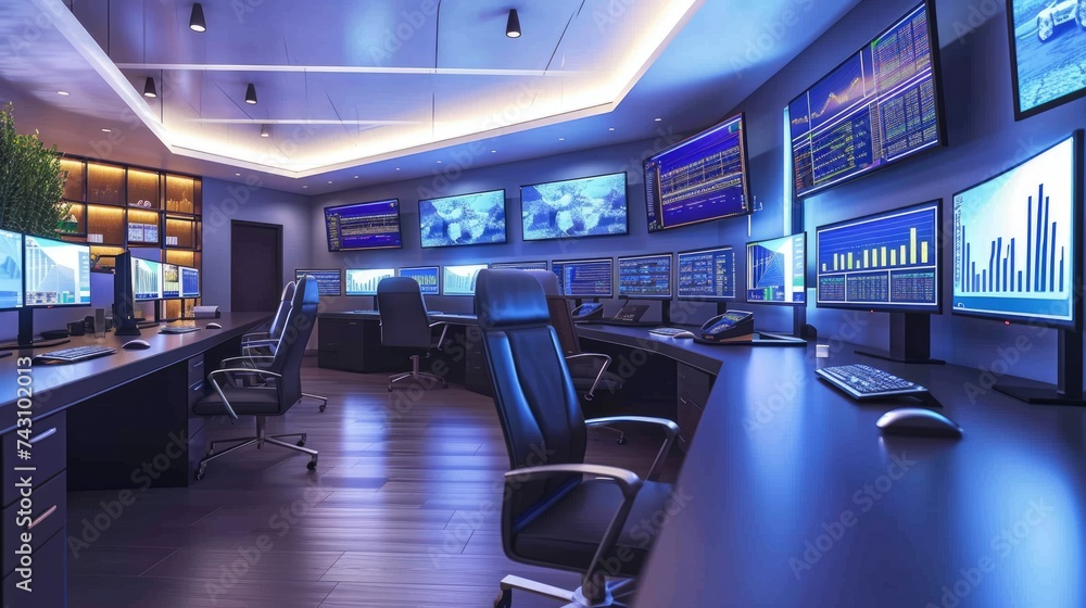 Poster in an office building, a row of computer monitors sits on a desk, creating a symmetrical display. th