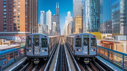 Chicago Elevated Trains at Adams & Wabash Station with a View Between Platforms