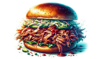 illustration of a pulled pork NC BBQ sandwich on a white background - obrazy, fototapety, plakaty