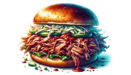 Fotobehang illustration of a pulled pork NC BBQ sandwich on a white background © Visionary Vistas