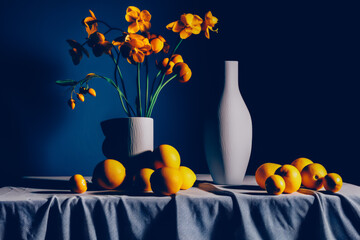 Still life. Two modern textured ceramic vases. Bright orange blooming daffodils in a small vase. A branch with buds. Bright orange tropical fruit on gray ruffled drapery. Big contrasts. Shadows.