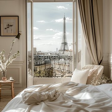 Bedroom Overlooking Eiffel Tower. Generative AI