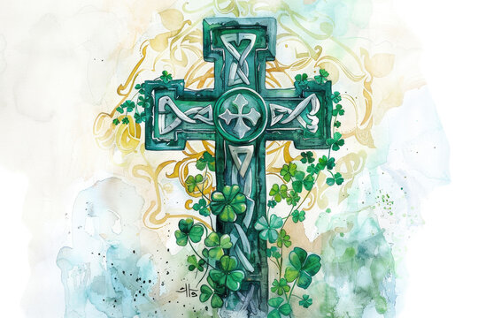 Irish Celtic cross with green clovers, watercolor card 