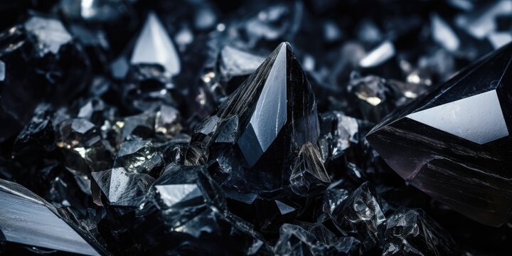 Macro photography of clean-cut obsidan mineral cluster