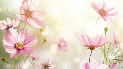 Delicate pink cosmos flowers in full bloom with a blurred background, floral banner, poster - obrazy, fototapety, plakaty