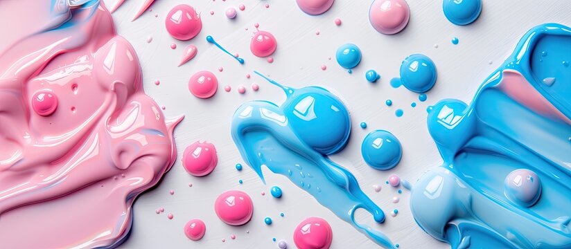 A detailed view of a cake decorated with layers of pink and blue icing on a white background, showcasing intricate design and colors.