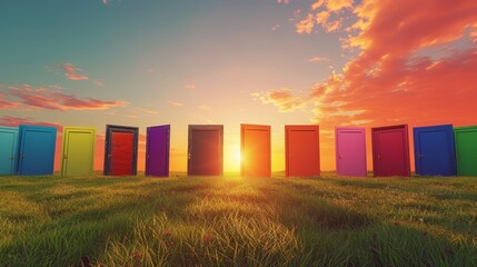 Vibrant Abstract Doors in Various Colors Standing Open on a Grassy Field with Sunset Background