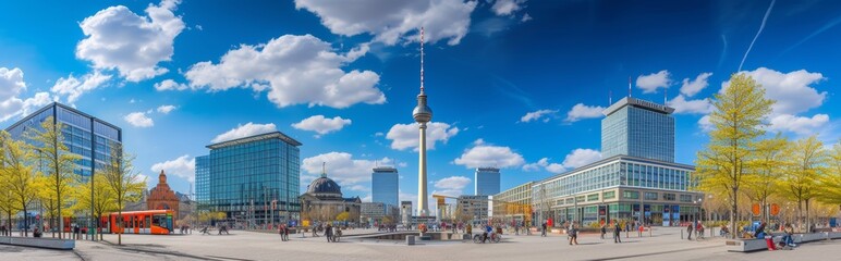 Panoramic View of Berlin Alexanderplatz with Fernsehturm TV Tower and Park Inn Hotel on a Bright Spring Day - obrazy, fototapety, plakaty