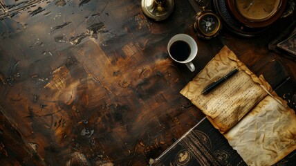Fototapeta na wymiar Vintage Explorer's Desk Concept - A desk with a classic vibe featuring antique items, coffee, and old letters