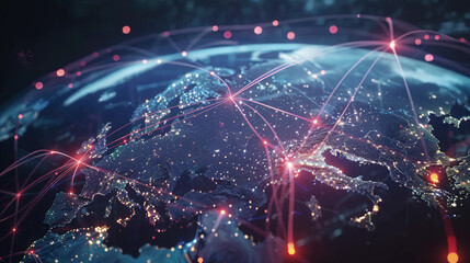 Globo de la tierra con representación de red de conexiones digitales en rojo, presentando en tonos azules el continente europeo, Rusia y norte de África, en imñagen digital - obrazy, fototapety, plakaty