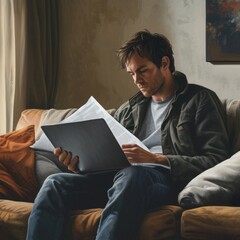 Fototapeta na wymiar Concentrated Young Man in Casual Clothing Reviewing Documents and Working on Laptop While Seated on Living Room Sofa