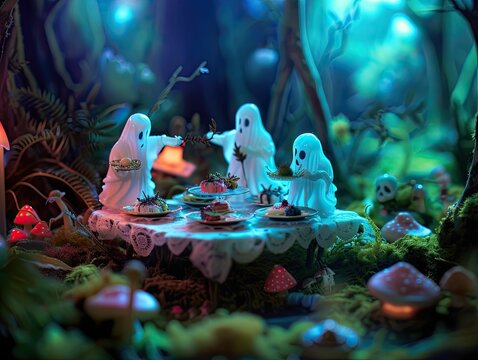 A surreal banquet in the heart of a glowing forest with ghostly figures serving dishes that morph from sweet desserts into living miniature ecosystems