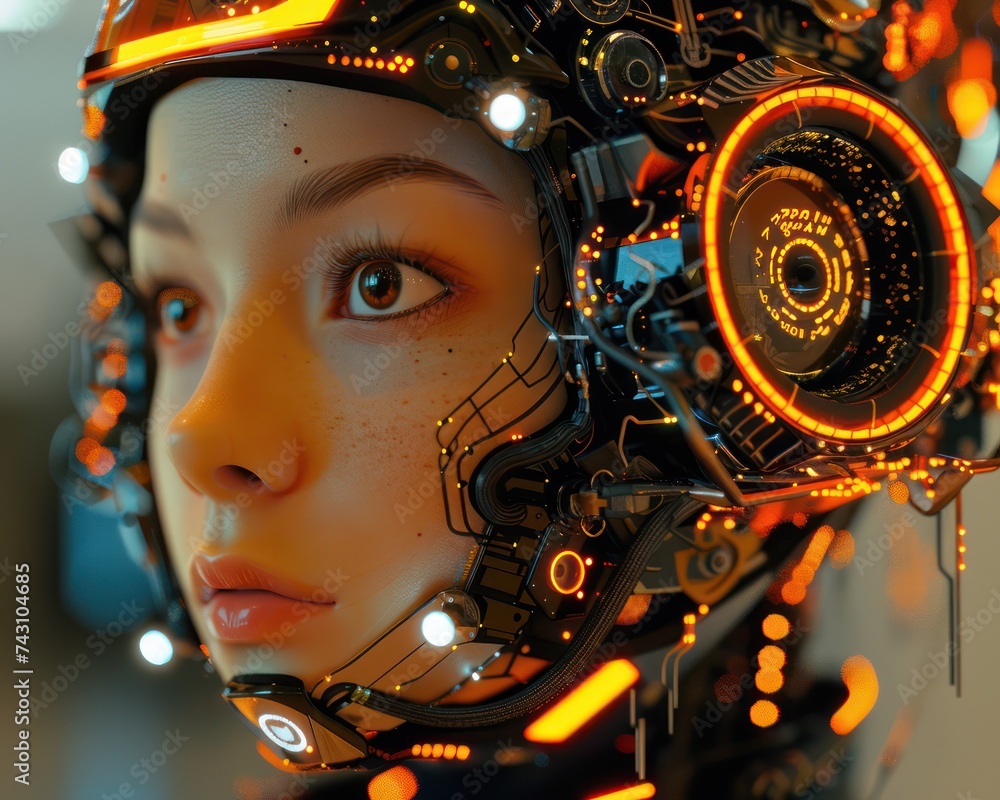 Poster creating a futuristic depiction of a womans head using ai technology