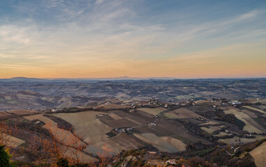 Marche. Spectacular winter landscape of the Marche hills. View from Ripatransone