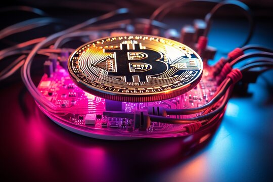 Bitcoin is a cryptocurrency coin on the background of computer wires with neon light.