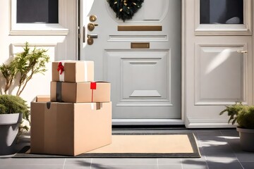 Delivered parcel or box on door mat near entrance