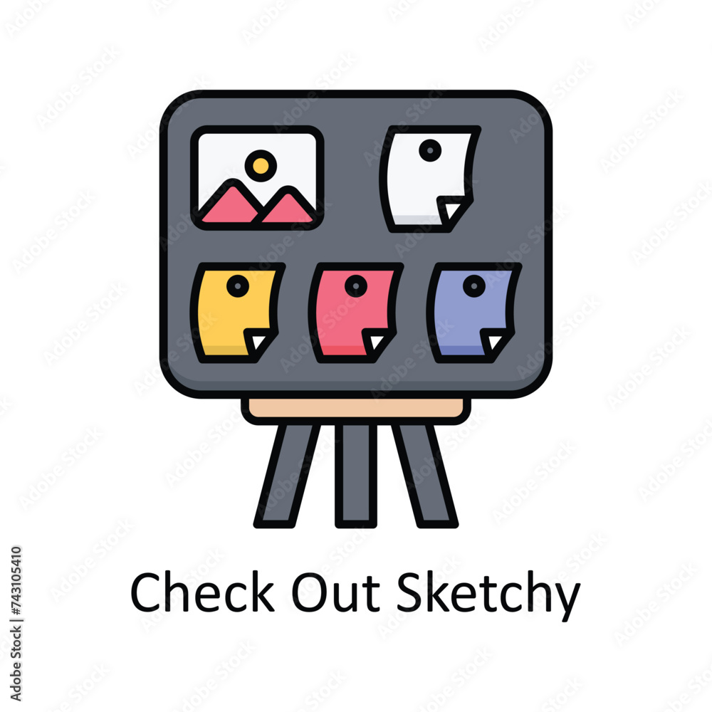Poster check out sketchy vector filled outline icon design illustration. graphic design symbol on white bac