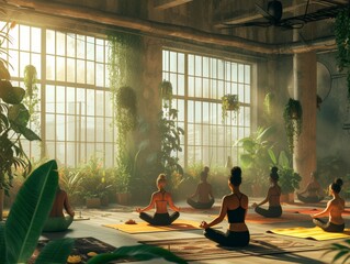 Diverse Group of Individuals Engaged in Meditative Yoga Practice in a Bright, Plant-Filled Studio