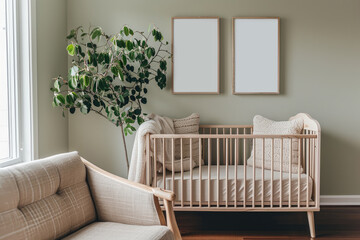 Nursery wall art mock up with a crib, sofa and two empty poster frames on a beige wall 
