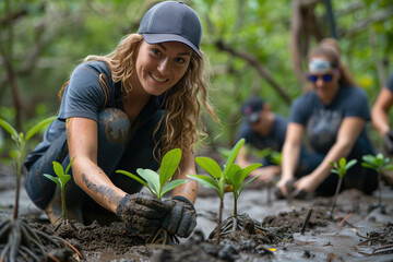 smiling woman planting mangrove trees in mangrove coast