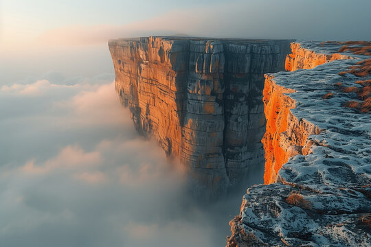 beautiful sunrise over the cliffs of tepui mountain over the clouds