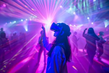 VR concert. The atmosphere of a virtual concert. Performing in a virtual space filled with dynamic light and visual effects.