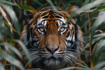 tiger looks out from the thickets