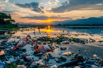 Two flamingos in a lake full of garbage