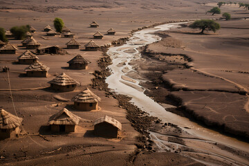 aerial view of an abandoned African village due to drough