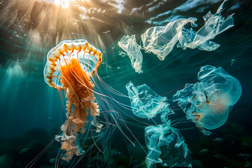 jellyfish in the ocean floating amidst plastic bags