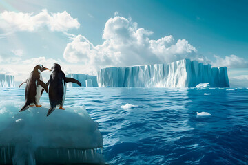 Two penguins on an iceberg watching a large iceberg melting"