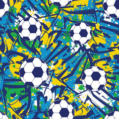 Abstract seamless football pattern with graffiti lettering background. Soccer Ball ornament with grunge brush splatters in Brazil football colors. Print for boy, sport textile, wrapping paper. © Kseniia Koval