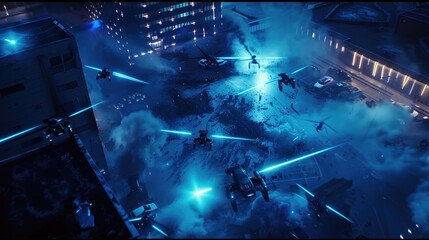 A battlefield, with towering skyscrapers ablaze and flying drones engaged in a fierce aerial battle.