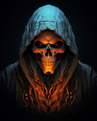 skull hooded in an  shirt wearing a necklace 