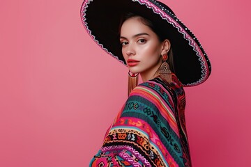 Beautiful young mexican woman wearing sombrero and poncho on pink background