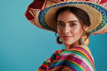 Beautiful young mexican woman wearing sombrero and poncho on blue background