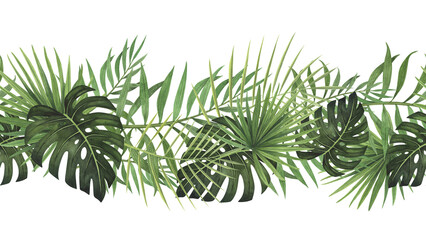 Fototapeta na wymiar Seamless border garland tropic leaf Monstera and palm watercolor isolated on white background. Watercolor hand drawn botanical illustration. Art design for packaging, template, poster